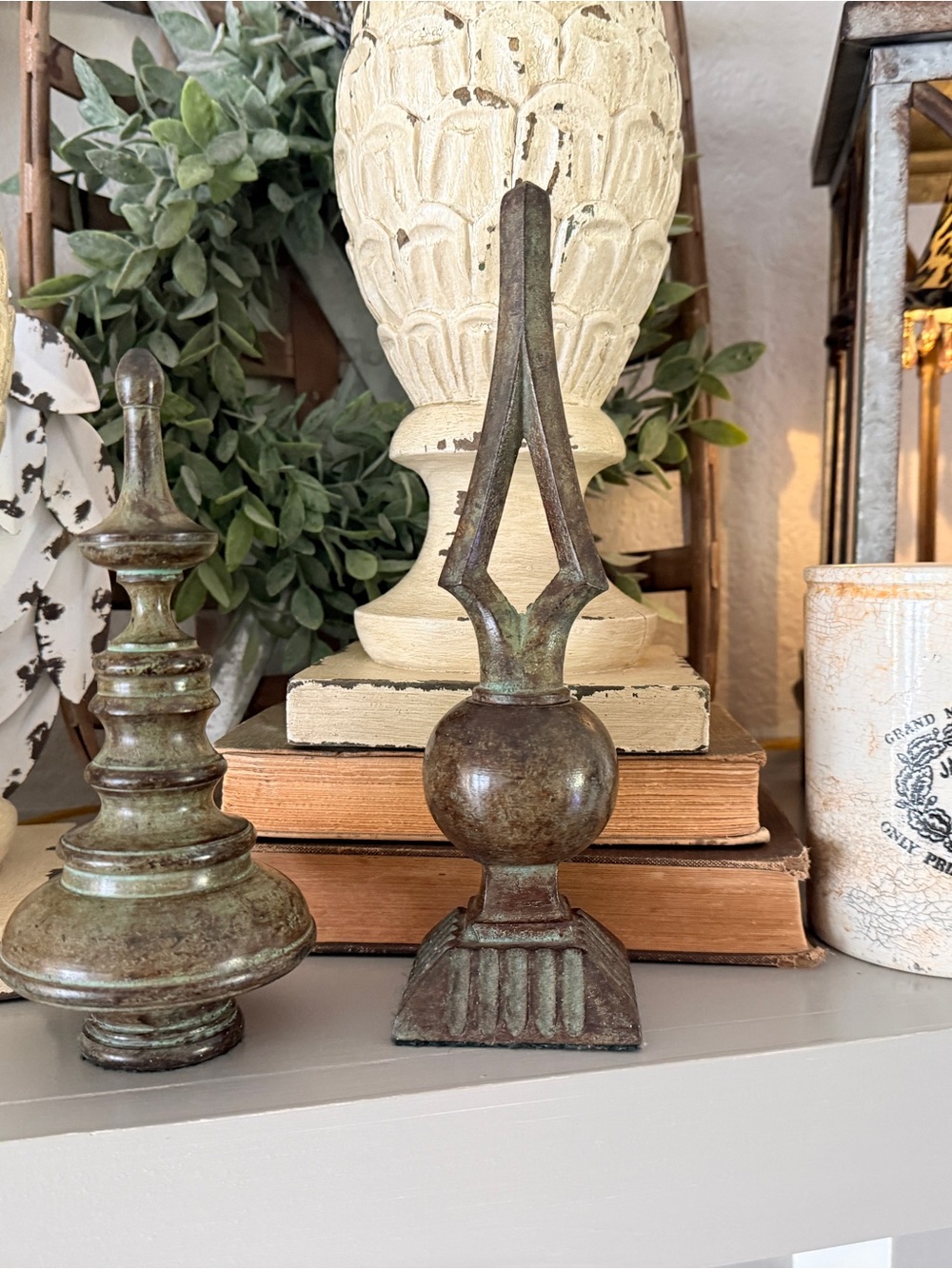 Vintage Bronze-Green Decorative Finial Pair Heavy Sculptural Mantel Accents - Picture 7 of 15